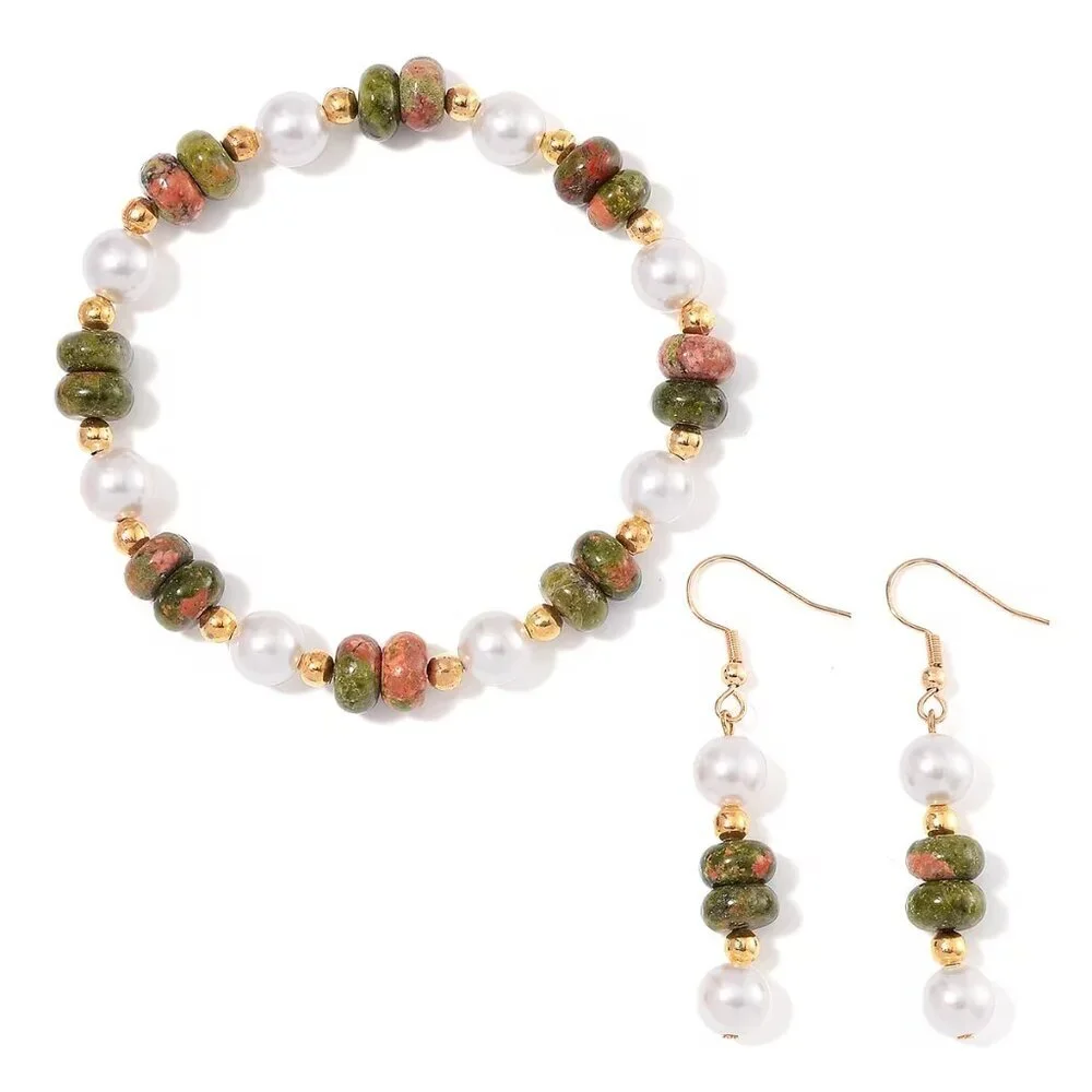 A Unakite and White Shell Pearl Bracelet and Earrings in Goldtone